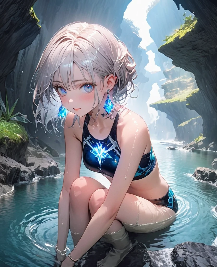 8K,gal,an extremely delicate and beautiful,Beautiful and realistic skin,Shiny jewel-like earrings,glowing tattoo,Long silver hair,beautiful eyes,whole body,head to toe,beautiful regs,beautiful swimwear, Shining brightly cave lake,splash of water