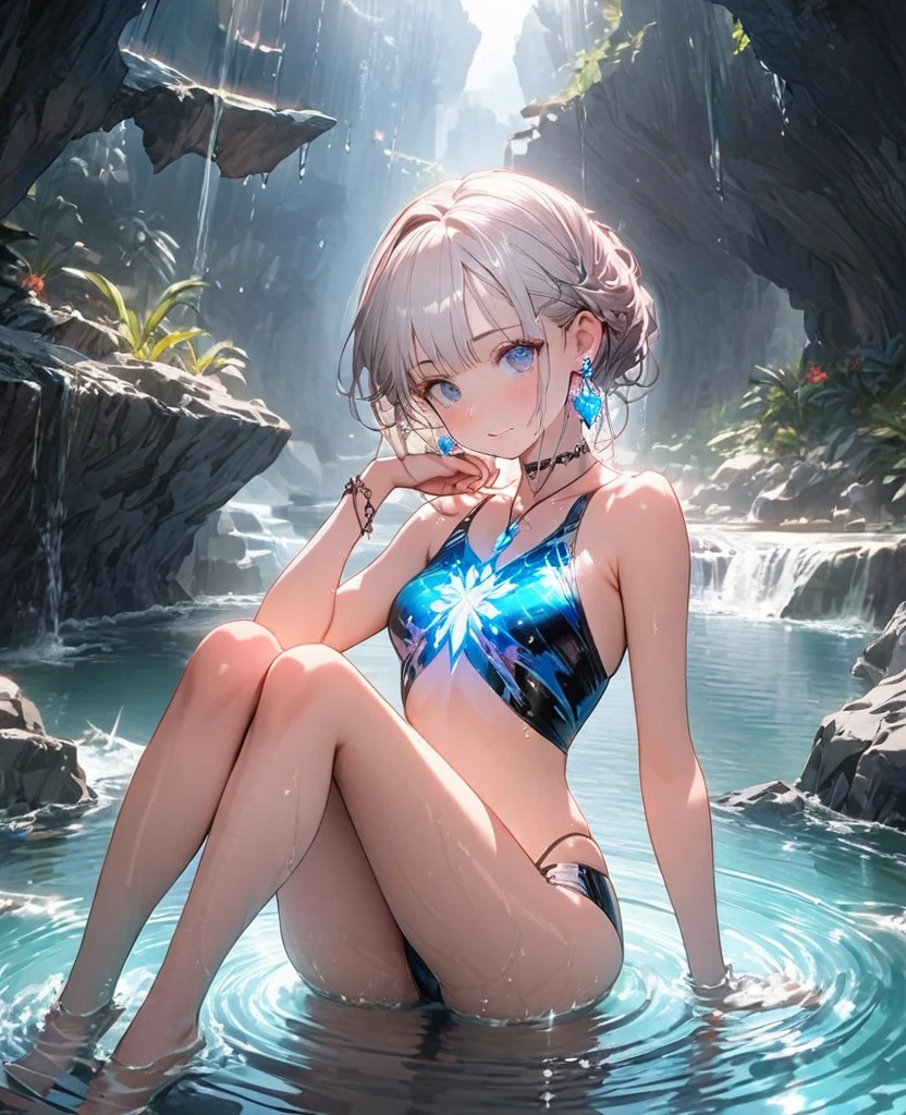 8K,gal,an extremely delicate and beautiful,Beautiful and realistic skin,Shiny jewel-like earrings,glowing tattoo,Long silver hair,beautiful eyes,whole body,head to toe,beautiful regs,beautiful swimwear, Shining brightly cave lake,splash of water