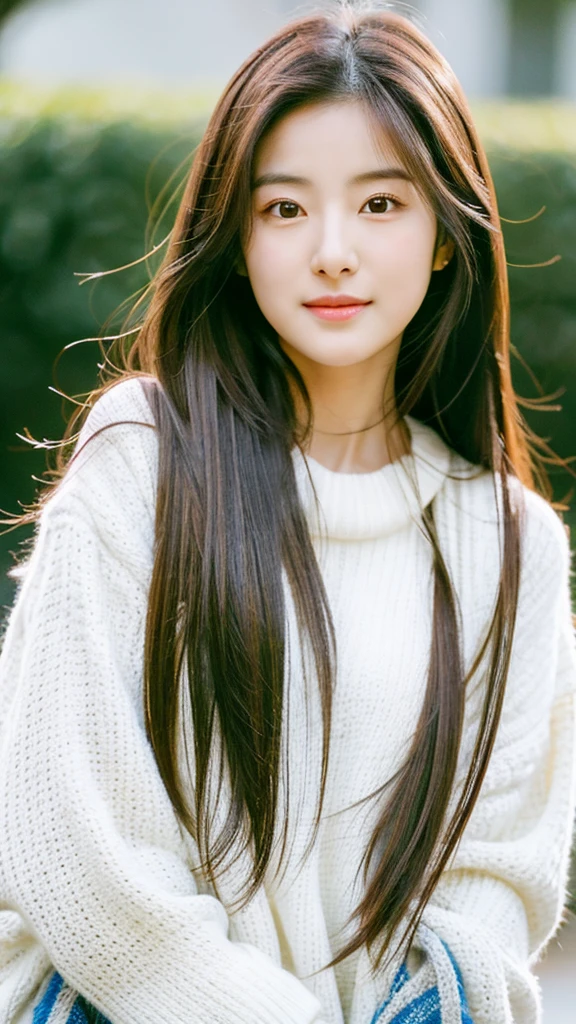 arafed asian woman with long hair and a white sweater, young adorable korean face, portrait of female korean idol, beautiful young korean woman, cute korean actress, with short short, female actress from korea, gorgeous young korean woman, young cute wan asian face, beautiful south korean woman, korean symmetrical face, girl cute-fine-face, korean girl, korean woman