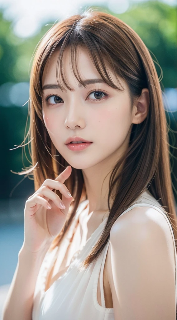 1womanl, up of face, mideum breasts, light brown hair, Blunt bangs, hair behind ear, hair over shoulder, Long hair, slender body shape, Ultra Fine Face, Thin face, Delicate lips, Beautiful eyes, thin blush, eyes are light brown, perfect glossy skin, flawless skin, Glistening sweat,View here, Ultra-thin hands, Ultra-fine fingers, best ratio four finger and one thumb, (realisitic:1.3), See-through white blouse. An amusement park, One-person viewpoint, Fuji Film, F/1.2, 8K, masutepiece, nffsw, Super Detail, High quality, Best Quality, hight resolution