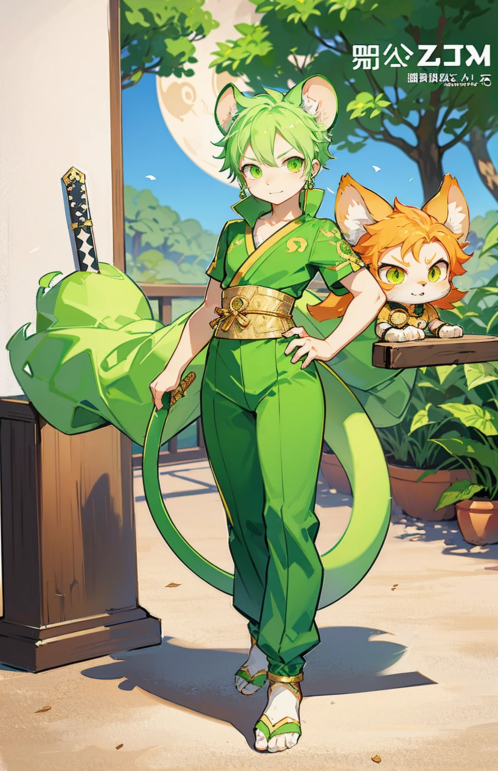 a cat warrior character, furry, (full body:1.2) , chibi, advanced digital chibi art, g liulian art style, maplestory mouse, bian lian, chibi art, league of legends art style, character art of maple story, ((view at the viewer)), (((zoro costume)))