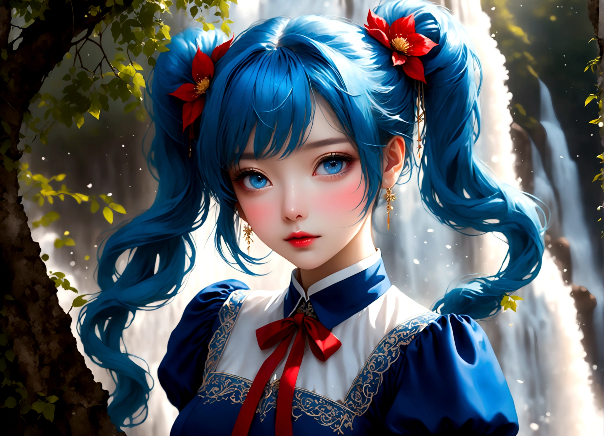She was wearing a wide-sleeved, double-breasted shirt，White flowers embroidered on the dress，It's like a star in the night sky，There is a blue ribbon tied around the waist，It contrasts sharply with her clothes.，Eye-catching。Her twin ponytails flow like a waterfall，Gently fluttering in the breeze。Her blue eyes are deep and bright，Like the brightest star in the night sky，Reveals a fascinating sense of mystery。Her red lips are so beautiful，It's like a blooming flower，People can't help but want to kiss Fangze。Her face is beautiful，With a faint smile，Gives people a feeling of warmth。 a giant tree, giant tree,(masterpiece:1.2,best quality),(depth of field:1.6),(real picture intricate details),looking at viewer,standing,Portrait Of Stunningly Beautiful Girl,1girl,独奏,(big eyes), Ice Blue hair,short_twintails_Bunches, blue Lace dress,Her temperament is noble and elegant，As if he were a nobleman from a noble family.。Confidence and calm attitude give people an invisible charm。Her figure is slim and graceful，Like a carefully carved work of art。Light and smooth movements，Like a dancer in a dance，Every movement is full of life force and beauty.。