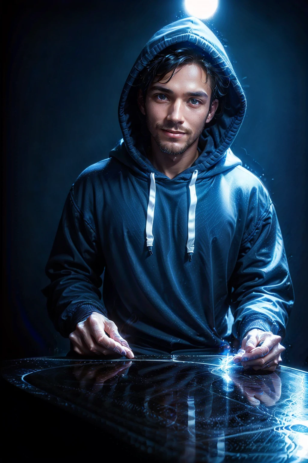 PNg render of a young man sitting at a modern marble desk looking into the camera, the man is wearing a dark hoodie, filmmaker neaon blue background cruffy short black hairn hands on table, clear skin texture, cinematic, warm, soft, lighting, close portrait, smiling, 24MM Lens, F/1.4, Ar 9:16, in the style of a disney pixar character