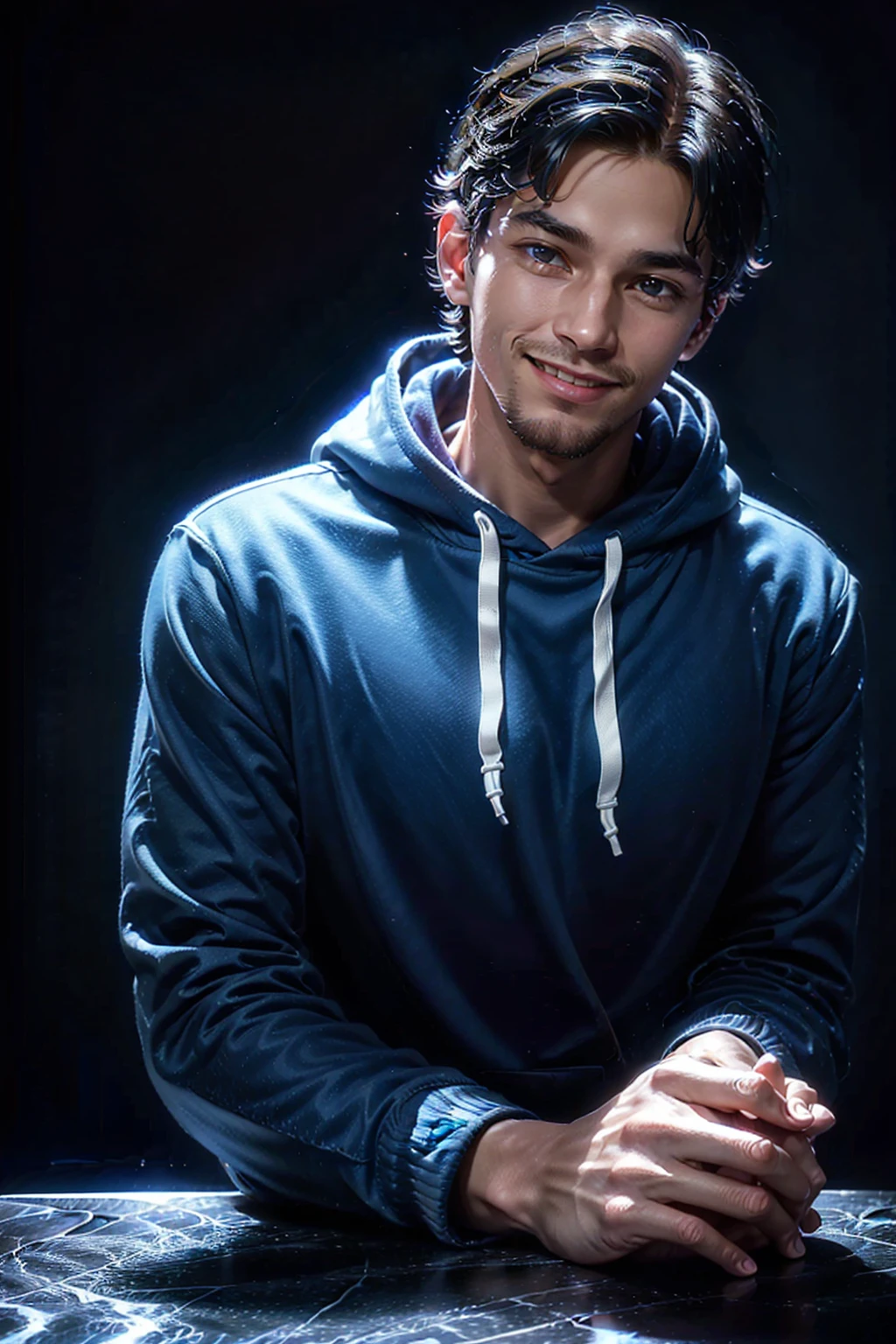 PNg render of a young man sitting at a modern marble desk looking into the camera, the man is wearing a dark hoodie, filmmaker neaon blue background cruffy short black hairn hands on table, clear skin texture, cinematic, warm, soft, lighting, close portrait, smiling, 24MM Lens, F/1.4, Ar 9:16, in the style of a disney pixar character