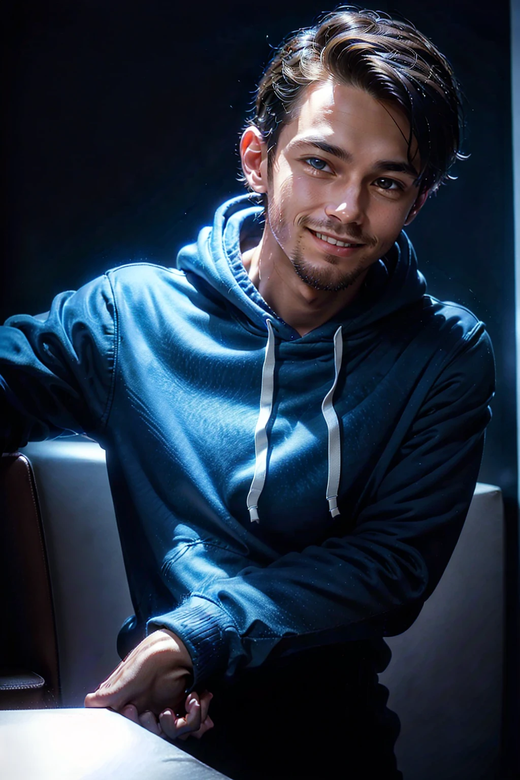 PNg render of a young man sitting at a modern marble desk looking into the camera, the man is wearing a dark hoodie, filmmaker neaon blue background cruffy short black hairn hands on table, clear skin texture, cinematic, warm, soft, lighting, close portrait, smiling, 24MM Lens, F/1.4, Ar 9:16, in the style of a disney pixar character