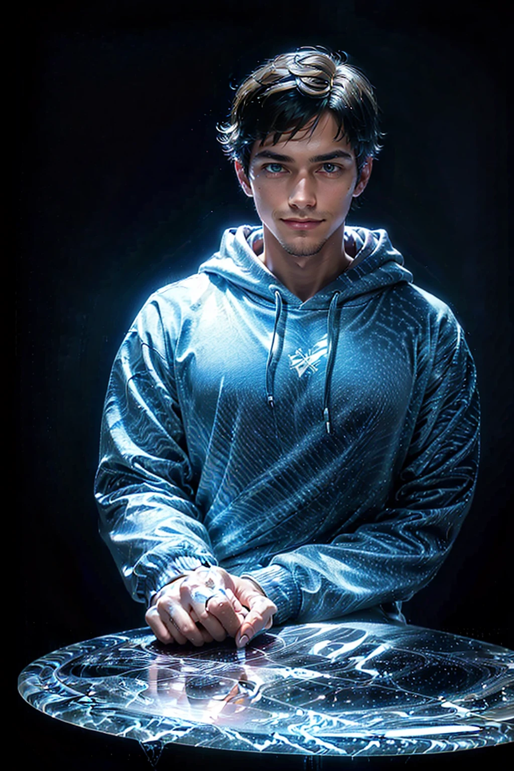 PNg render of a young man sitting at a modern marble desk looking into the camera, the man is wearing a dark hoodie, filmmaker neaon blue background cruffy short black hairn hands on table, clear skin texture, cinematic, warm, soft, lighting, close portrait, smiling, 24MM Lens, F/1.4, Ar 9:16, in the style of a disney pixar character