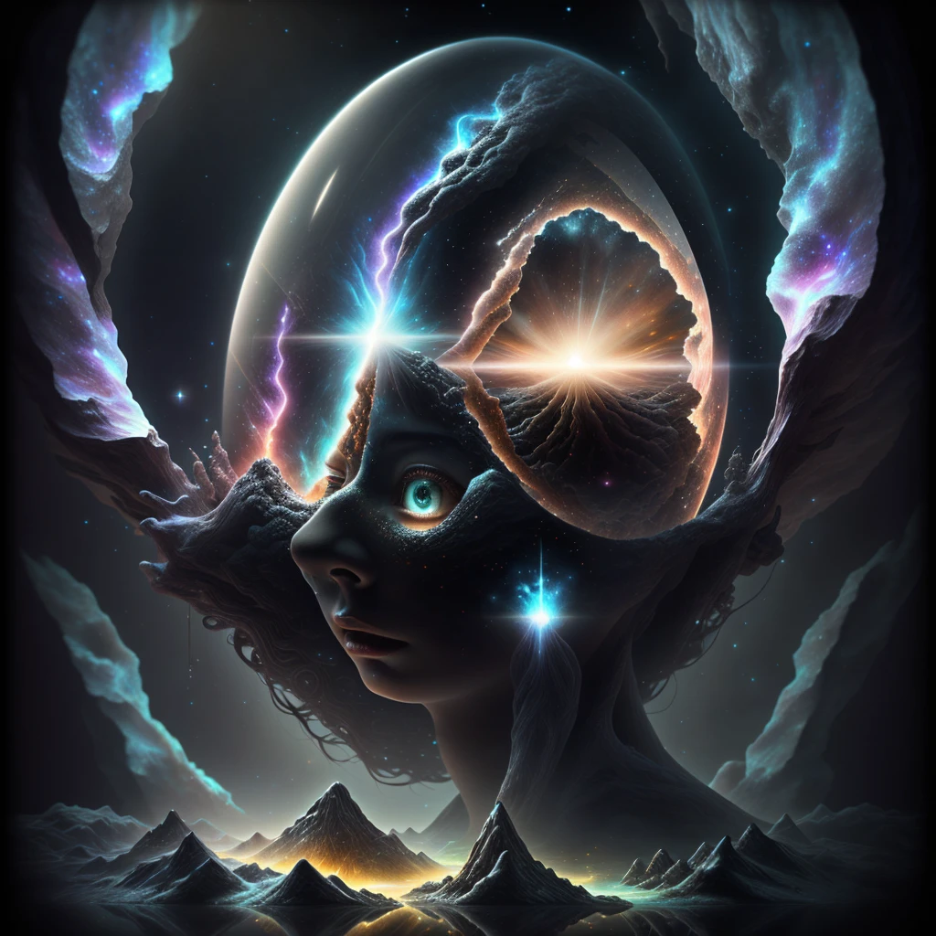 A dimensional rift forming in the mind of a goddess, fluidic physics, cosmic theme, photo realistic, highly detailed, dynamic lighting,volumetric lighting, chiaroscuro, cinematic, dramatic, ethereal, glowing, surreal, mesmerizing, transcendent, otherworldly, luminous, intricate, sublime, celestial, mystical, visionary, majestic, awe-inspiring, enigmatic, transcendental, rapturous