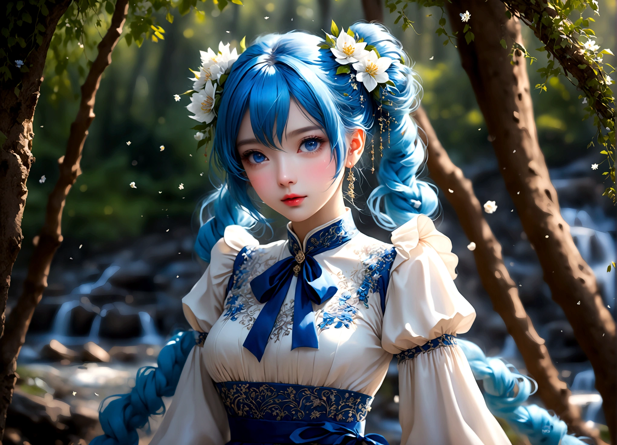 She was wearing a wide-sleeved, double-breasted shirt，White flowers embroidered on the dress，It's like a star in the night sky，There is a blue ribbon tied around the waist，It contrasts sharply with her clothes.，Eye-catching。Her twin ponytails flow like a waterfall，Gently fluttering in the breeze。Her blue eyes are deep and bright，Like the brightest star in the night sky，Reveals a fascinating sense of mystery。Her red lips are so beautiful，It's like a blooming flower，People can't help but want to kiss Fangze。Her face is beautiful，With a faint smile，Gives people a feeling of warmth。 a giant tree, giant tree,(masterpiece:1.2,best quality),(depth of field:1.6),(real picture intricate details),looking at viewer,standing,Portrait Of Stunningly Beautiful Girl,1girl,独奏,(big eyes), Ice Blue hair,short_twintails_Bunches, blue Lace dress,Her temperament is noble and elegant，As if he were a nobleman from a noble family.。Confidence and calm attitude give people an invisible charm。Her figure is slim and graceful，Like a carefully carved work of art。Light and smooth movements，Like a dancer in a dance，Every movement is full of life force and beauty.。