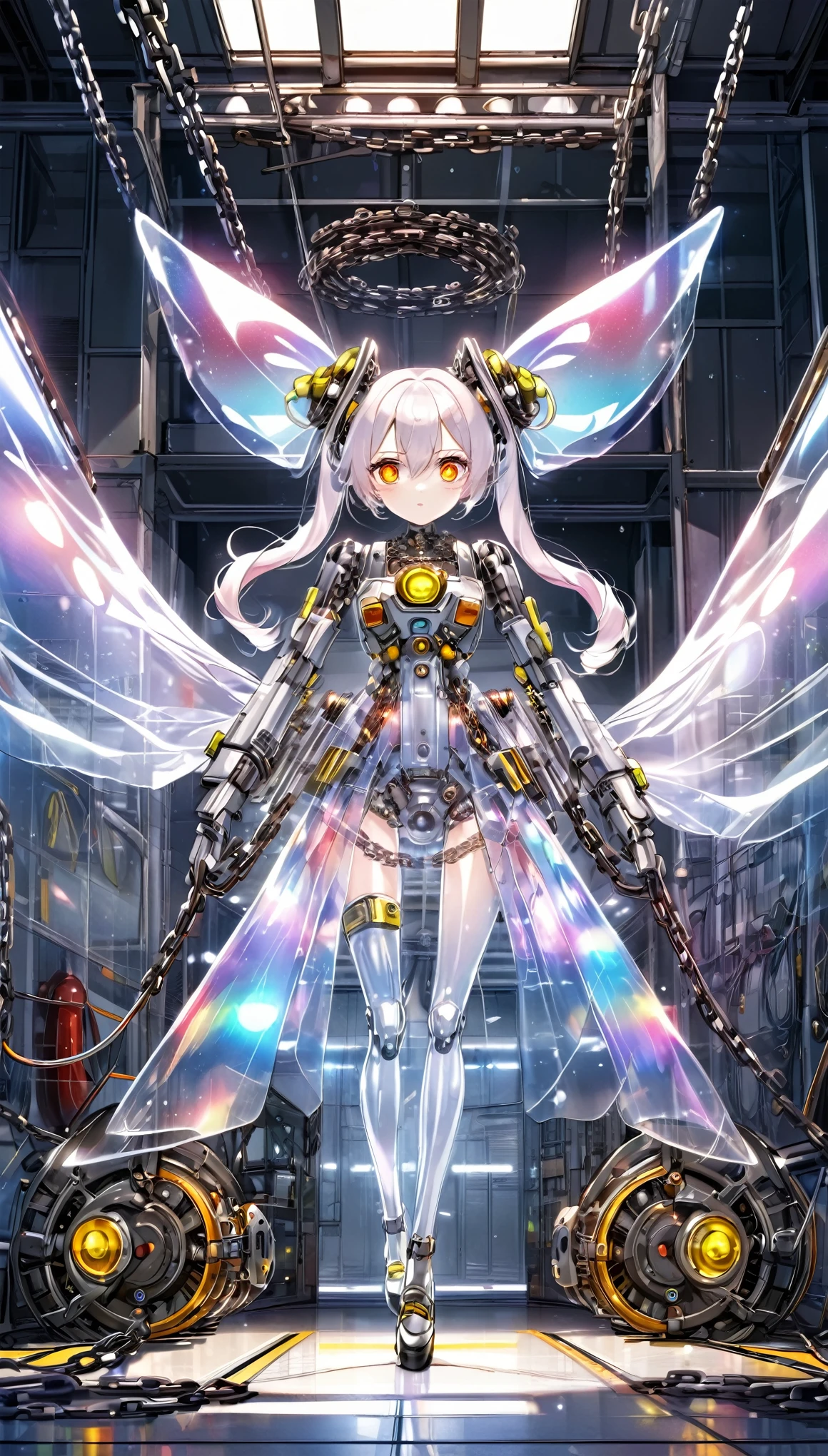 best quality, super fine, 16k, 2.5D, delicate and dynamic depiction, mechanical android with fully mechanical body, twin tails made of chains and illuminated cable, eyes flashing red, on combat alert, exiting hangar full of instruments, transparent, translucent, iridescent glitter