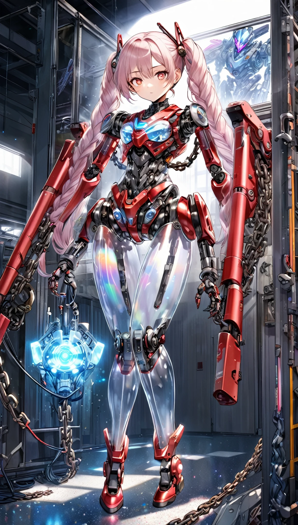 best quality, super fine, 16k, 2.5D, delicate and dynamic depiction, mecha cyborg with fully mechanical body, braided twin tails made of chains and illuminated cable, eyes flashing red, on combat alert, exiting hangar full of instruments, transparent, translucent, iridescent glitter