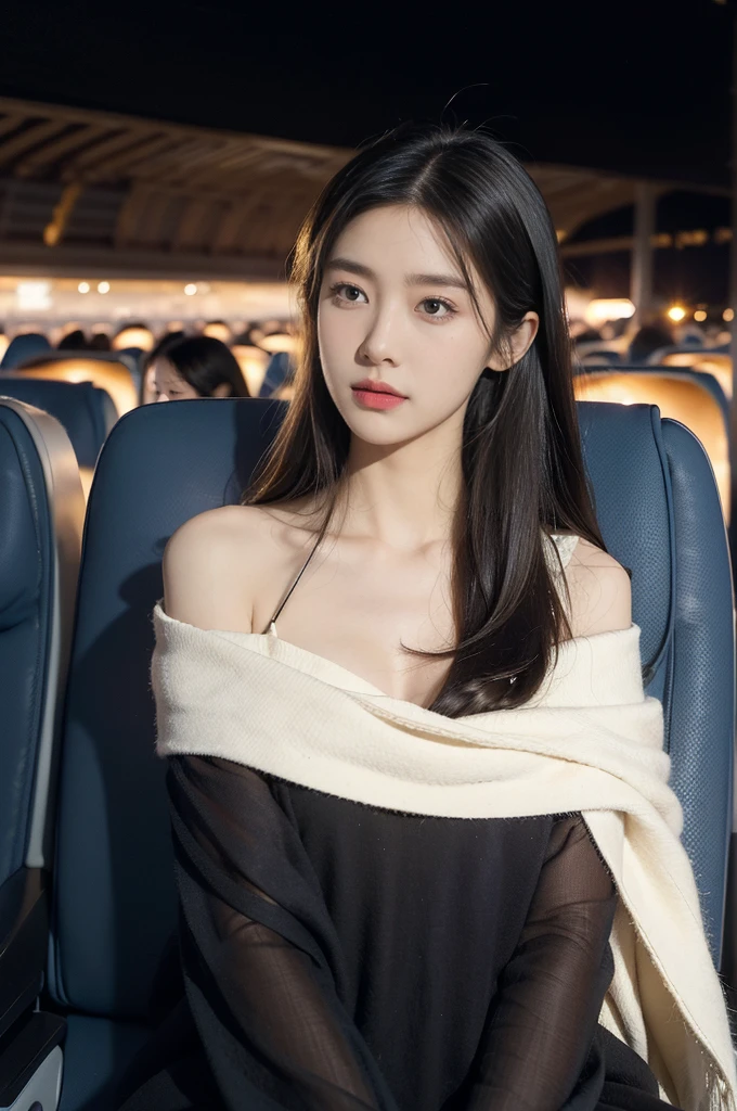 (((best quality))),(((ultra detailed))),(((masterpiece))),illustration,(a beautiful girl,female passenger,solo),((slim,thin,small breasts,flat chest)),summer night,((in airplane,economy class)),((shawl,shirt dress)),(shoulder length straight hair:1.2),stars,moonlight,smooth flight,engine sound,lullaby,relaxed,excited,happy,visiting family,comfortable seats,soft fabric,headrests,adjustable,beauty of night sky,thinking about family,friends,dimmed lights,sleeping passengers,movies,personal screens,staying awake,magic of sky,joy of being with family,memorable journey,adventures,(surrounded by crowded crowds:1.3)
