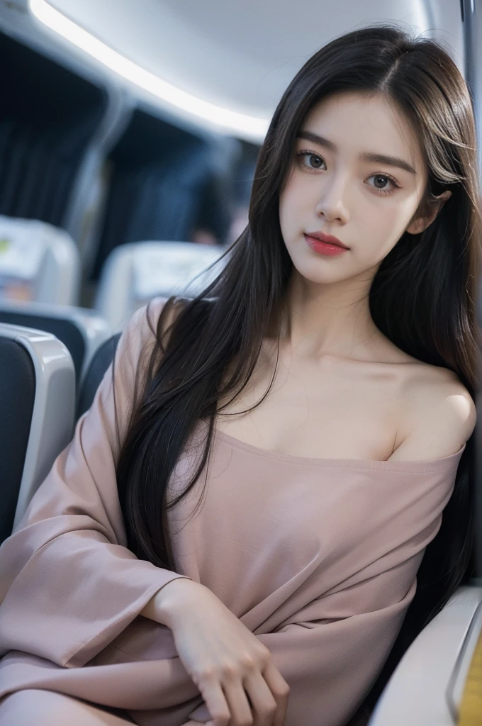 (((best quality))),(((ultra detailed))),(((masterpiece))),illustration,(a beautiful girl,female passenger,solo),((slim,thin,small breasts,flat chest)),summer night,((in airplane,economy class)),((shawl,shirt dress)),(shoulder length straight hair:1.2),stars,moonlight,smooth flight,engine sound,lullaby,relaxed,excited,happy,visiting family,comfortable seats,soft fabric,headrests,adjustable,beauty of night sky,thinking about family,friends,dimmed lights,sleeping passengers,movies,personal screens,staying awake,magic of sky,joy of being with family,memorable journey,adventures,(surrounded by crowded crowds:1.3)