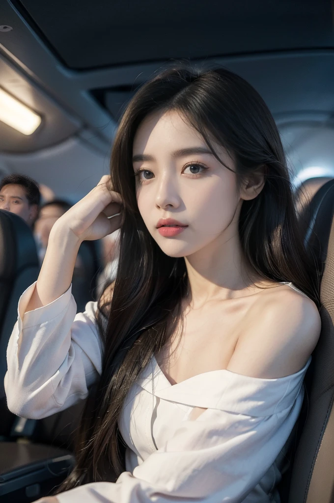 (((best quality))),(((ultra detailed))),(((masterpiece))),illustration,(a beautiful girl,female passenger,solo),((slim,thin,small breasts,flat chest)),summer night,((in airplane,economy class)),((shawl,shirt dress)),(shoulder length straight hair:1.2),stars,moonlight,smooth flight,engine sound,lullaby,relaxed,excited,happy,visiting family,comfortable seats,soft fabric,headrests,adjustable,beauty of night sky,thinking about family,friends,dimmed lights,sleeping passengers,movies,personal screens,staying awake,magic of sky,joy of being with family,memorable journey,adventures,(surrounded by crowded crowds:1.3)