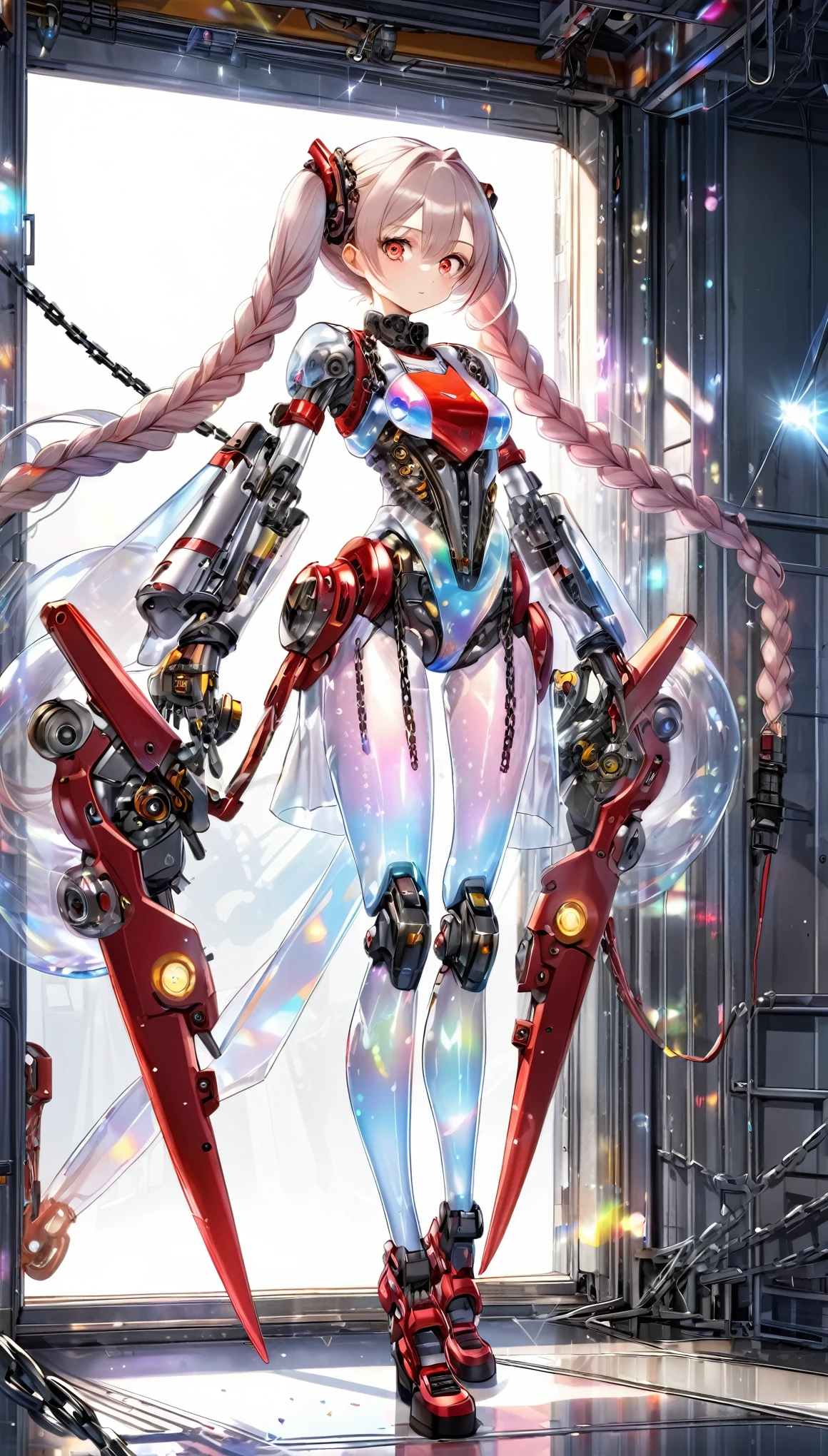 best quality, super fine, 16k, 2.5D, delicate and dynamic depiction, mechanical cyborg with fully mechanical body, braided twin tails made of chains and illuminated cable, eyes flashing red, on combat alert, exiting hangar full of instruments, transparent, translucent, iridescent glitter