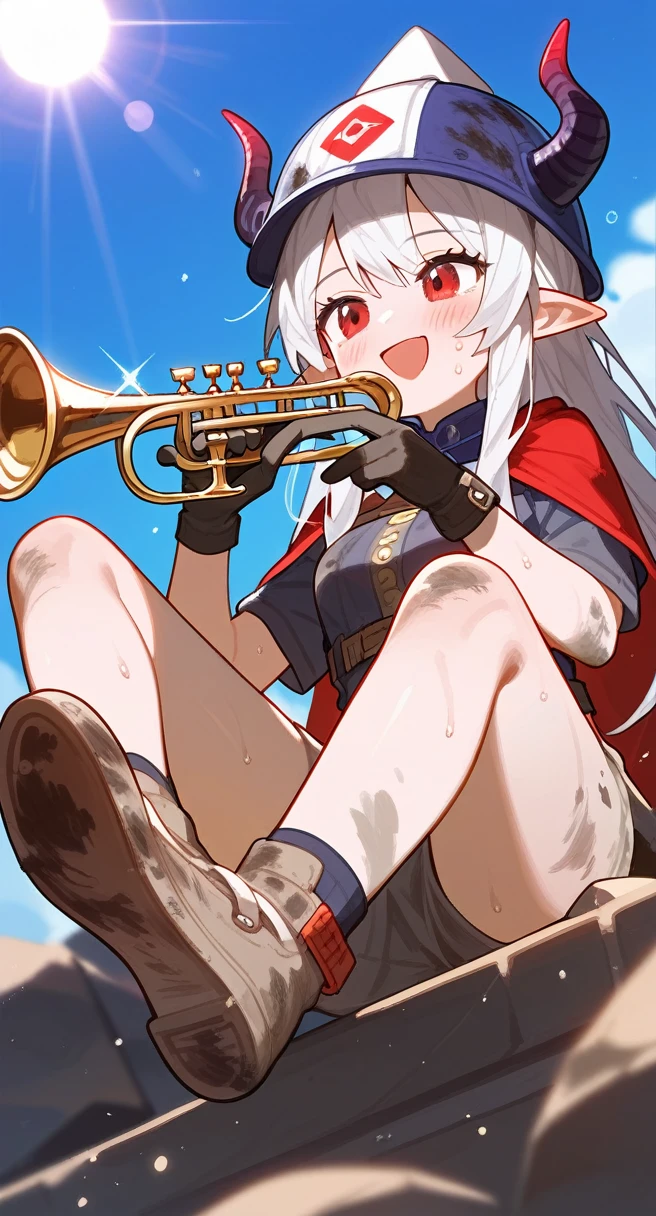 Fraction_9,Fraction_8_Direction_7_up,1 Girl,Mudstone (Ark of Tomorrow),dirty,foot,Gloves,helmet,trumpet,Sole,Red Eyes,赤foot,Pointed ears,breast,Solitary,Long hair,White hair,black Gloves,foot趾,cap,foot部焦点,Looking at the audience,sit,Sweat,Open your mouth,dirty foot,Keep,outdoor,sky空,Bangs,Oral disease damage (Ark of Tomorrow),sky,Smile,blush,demon trumpet,Infection monitors (Ark of Tomorrow),shorten,sun,