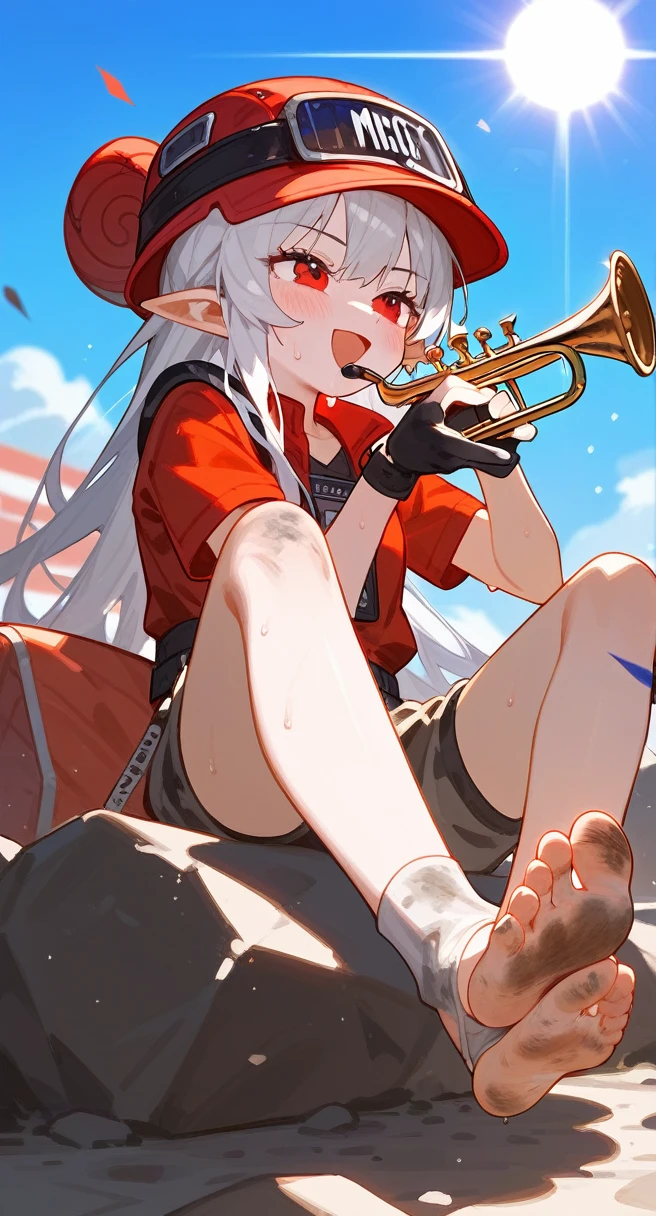 Fraction_9,Fraction_8_Direction_7_up,1 Girl,Mudstone (Ark of Tomorrow),dirty,foot,Gloves,helmet,trumpet,Sole,Red Eyes,赤foot,Pointed ears,breast,Solitary,Long hair,White hair,black Gloves,foot趾,cap,foot部焦点,Looking at the audience,sit,Sweat,Open your mouth,dirty foot,Keep,outdoor,sky空,Bangs,Oral disease damage (Ark of Tomorrow),sky,Smile,blush,demon trumpet,Infection monitors (Ark of Tomorrow),shorten,sun,