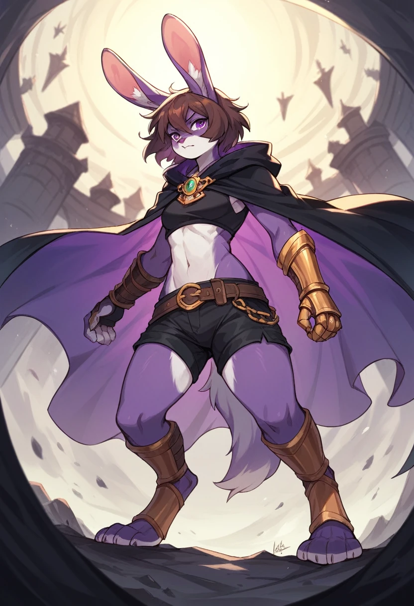 create a picture of a female half rabbit character with purple giant rabbit digitigrade legs with white paws, put purple rabbit ears on top of her head, make her wearing a royal looking black cloak with golden accents and black shorts with golden accents and black gauntlets with purple lights, put purple fur on her arms from her elbows down, give her short brown hair, make her legs look fluffy and furry, make it in an anime style, keep her barefoot, make her wearing a black athletic tank top underneath the cloak, make the gauntlets black