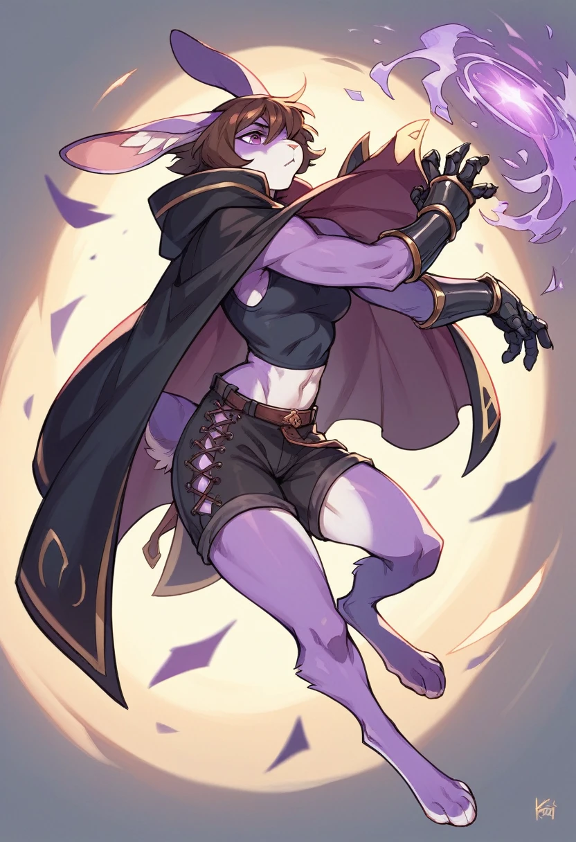 create a picture of a female half rabbit character  with purple giant rabbit digitigrade legs with white paws, put purple rabbit ears on top of her head, make her wearing a royal looking black cloak with golden accents and black shorts with golden accents and black gauntlets with purple lights, put purple fur on her arms from her elbows down, give her short brown hair, make her legs look fluffy and furry, make it in an anime style, keep her barefoot, make her wearing a black athletic tank top underneath the cloak, make the gauntlets black