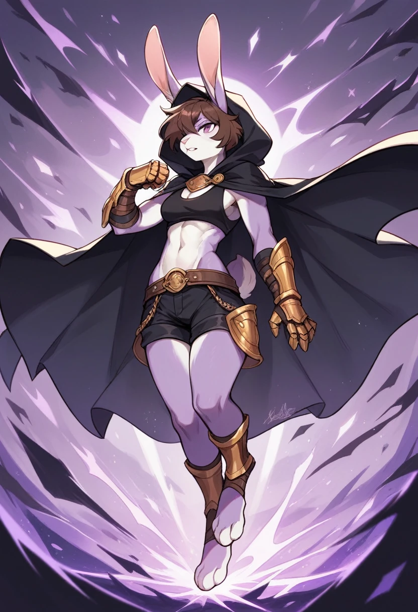 create a picture of a female half rabbit character with purple giant rabbit digitigrade legs with white paws, put purple rabbit ears on top of her head, make her wearing a royal looking black cloak with golden accents and black shorts with golden accents and black gauntlets with purple lights, put purple fur on her arms from her elbows down, give her short brown hair, make her legs look fluffy and furry, make it in an anime style, keep her barefoot, make her wearing a black athletic tank top underneath the cloak, make the gauntlets black