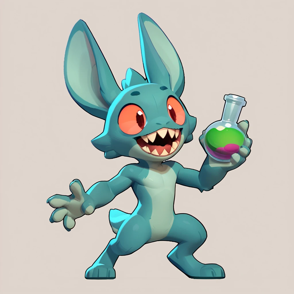 Full body view of a small spherical male monster with light teal fur, long ears, sharp teeth, smiling, mouth open, holding a green potion above him