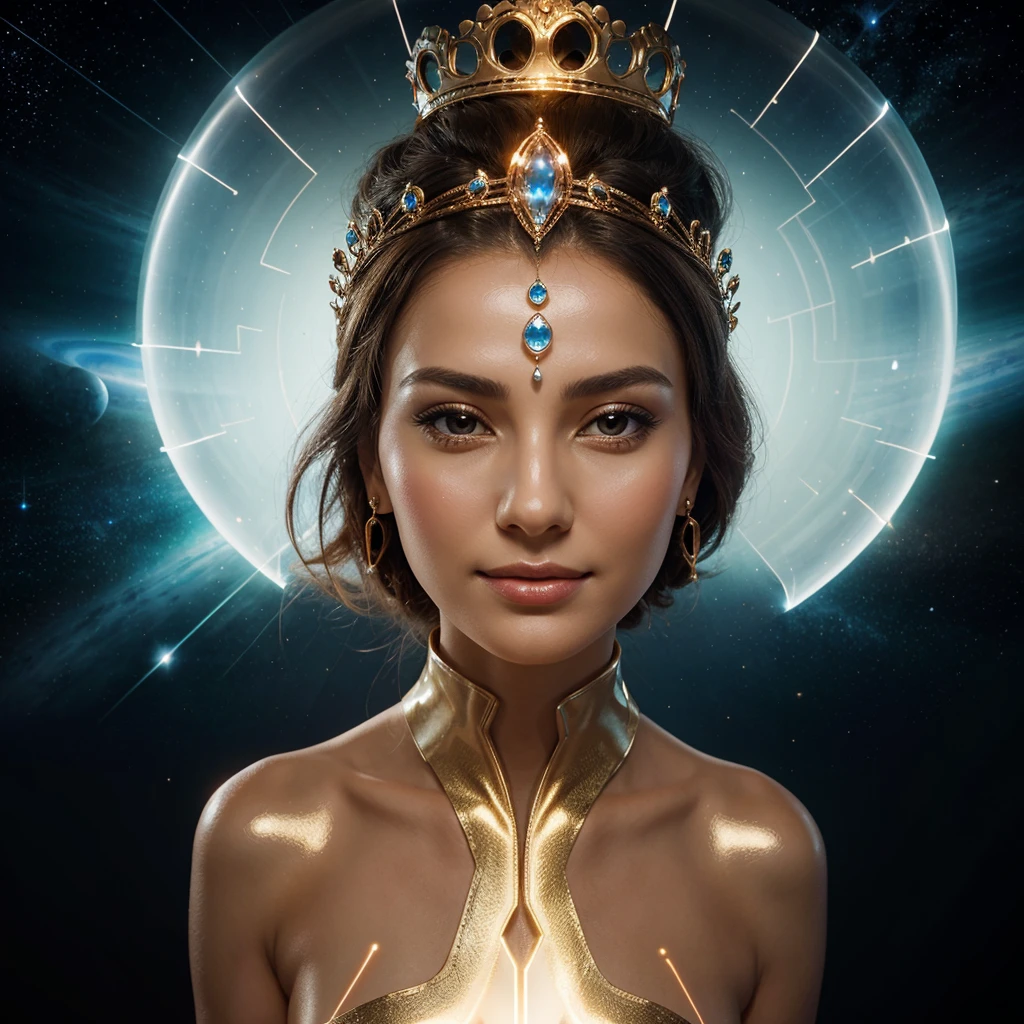 Woman in an elegant headdress, resembling a crown.
full height, with smooth and feminine shapes.
A face with a mysterious smile, glowing lines on the skin.
Translucent suit with metallic inserts, form-fitting and flattering.
Background: space landscape or the inside of a spaceship.
confident look.