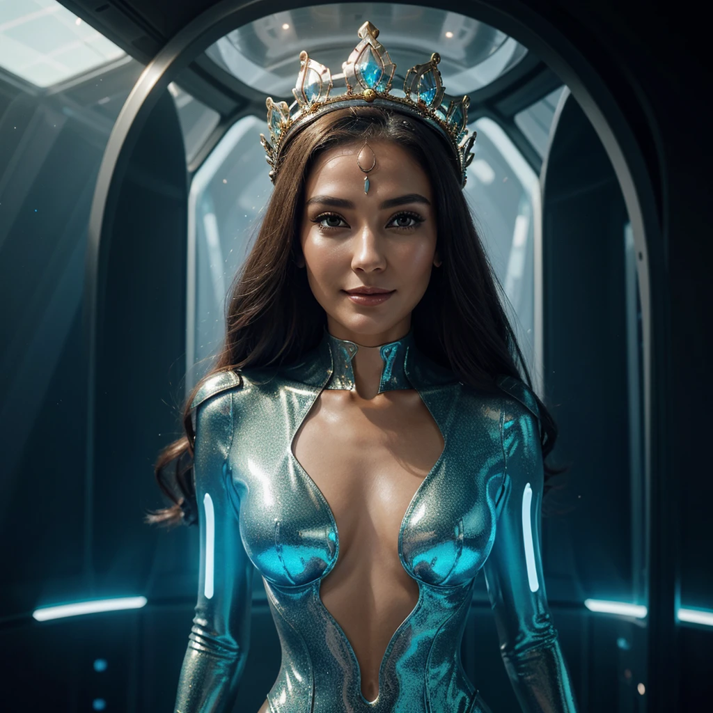 Woman in an elegant headdress, resembling a crown.
full height, with smooth and feminine shapes.
A face with a mysterious smile, glowing lines on the skin.
Translucent suit with metallic inserts, form-fitting and flattering.
Background: space landscape or the inside of a spaceship.
confident look.