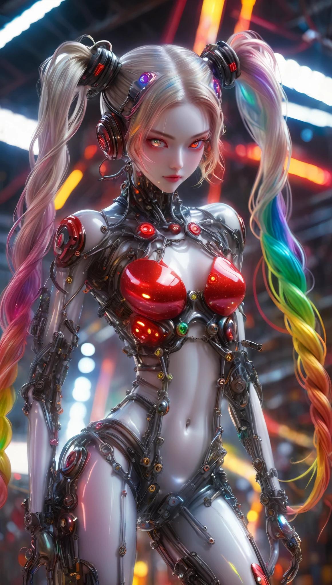 best quality, super fine, 16k, 2.5D, delicate and dynamic depiction, mechanical cyborg with fully mechanical body, braided twin tails made of chains and illuminated cable, eyes flashing red, on combat alert, exiting hangar full of instruments, rainbow light lines in the body, transparent, translucent, iridescent glitter