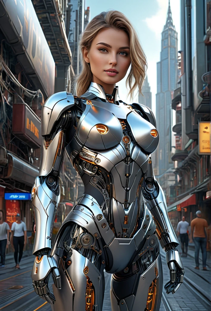 a beautiful woman-robot standing in a futuristic city backdrop, detailed intricate mechanical parts seamlessly blended with a slender, graceful humanoid form, magnificent anatomy and physique, 1/2 body crop, (best quality, 4k, 8k, highres, masterpiece:1.2), ultra-detailed,(realistic, photorealistic, photo-realistic:1.37), HDR, (intricate details:1.12), (intricate details, hyper-detailing:1.15), (natural skin textures, hyper realisitc, soft light, Sharp:1.2)