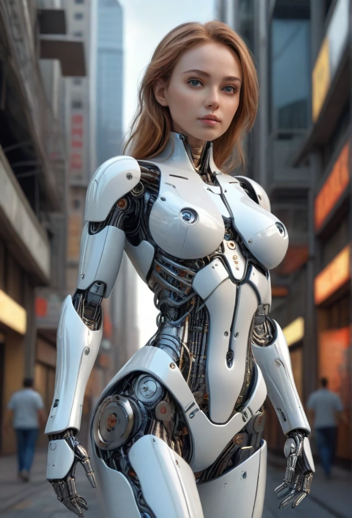 a beautiful woman-robot standing in a futuristic city backdrop, detailed intricate mechanical parts seamlessly blended with a slender, graceful humanoid form, magnificent anatomy and physique, 1/2 body crop, (best quality, 4k, 8k, highres, masterpiece:1.2), ultra-detailed,(realistic, photorealistic, photo-realistic:1.37), HDR, (intricate details:1.12), (intricate details, hyper-detailing:1.15), (natural skin textures, hyper realisitc, soft light, Sharp:1.2)