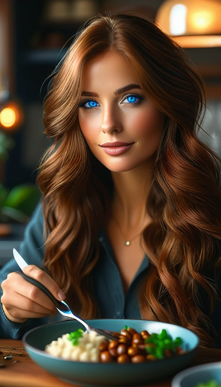 Create a template, skin fair, chestnut hair, blue colored eyes, Canadian, realisitic, 4K, real-life, making dinner.