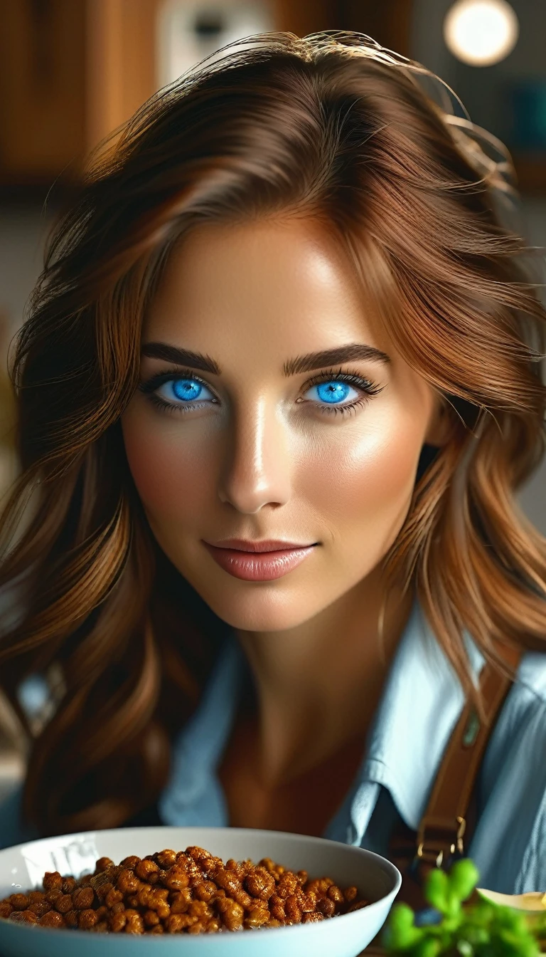 Create a template, skin fair, chestnut hair, blue colored eyes, Canadian, realisitic, 4K, real-life, making dinner.