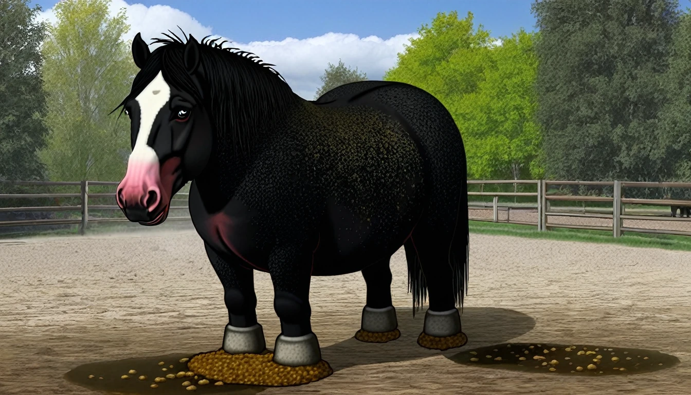 full rear view of a fat very hairy (1,200) (black:2) draft horse mare with 2 big lumps of horse dung (1,5) oozing out of rectum and anus at the centre of a big bum and sliding down legs. huge stream of light yellow urine pouring out of rectum flooding (1,80) the ground under horse. facing away from view point - towards horizon. open rectum and anus in full view tail to left side. ((masterpiece)), ((best quality)), ((highres)), ((extremely detailed)), (( long distance back view)), (super realistic) . anatomically correct. open field. bright sunny sky. (head(1,10), body, legs, hooves,(2.5)). 5 very large piles of horse dung around back of horse(1,20). horse ridden(1,5) by a BBW African(1,5) woman