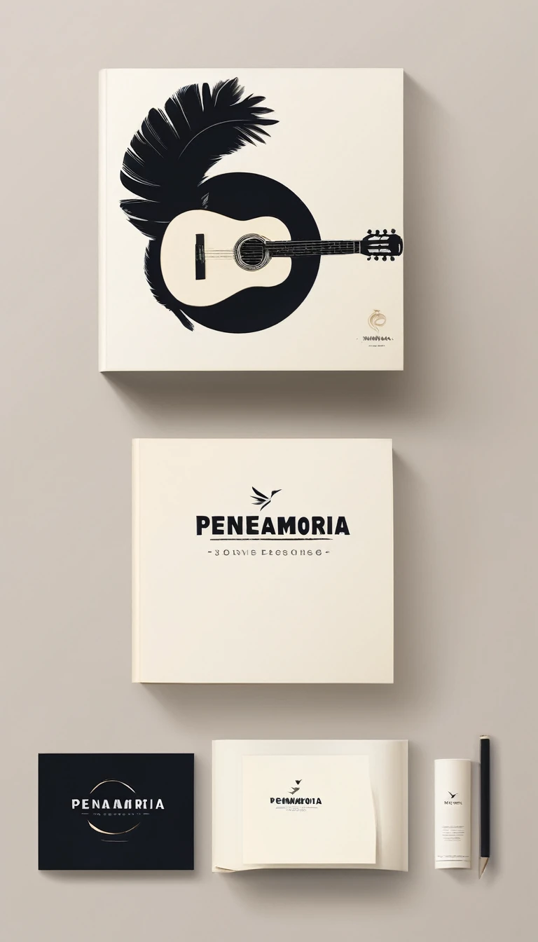 A minimal, modern, simple, cinematic logotype for the brand “Penamemoria". The logotype must be a simple, magical feather and a boy playing acoustic guitar. The logo must convey a sense of music, stories and dreams. Logo design impressed on a book cover. Minimalistic logo