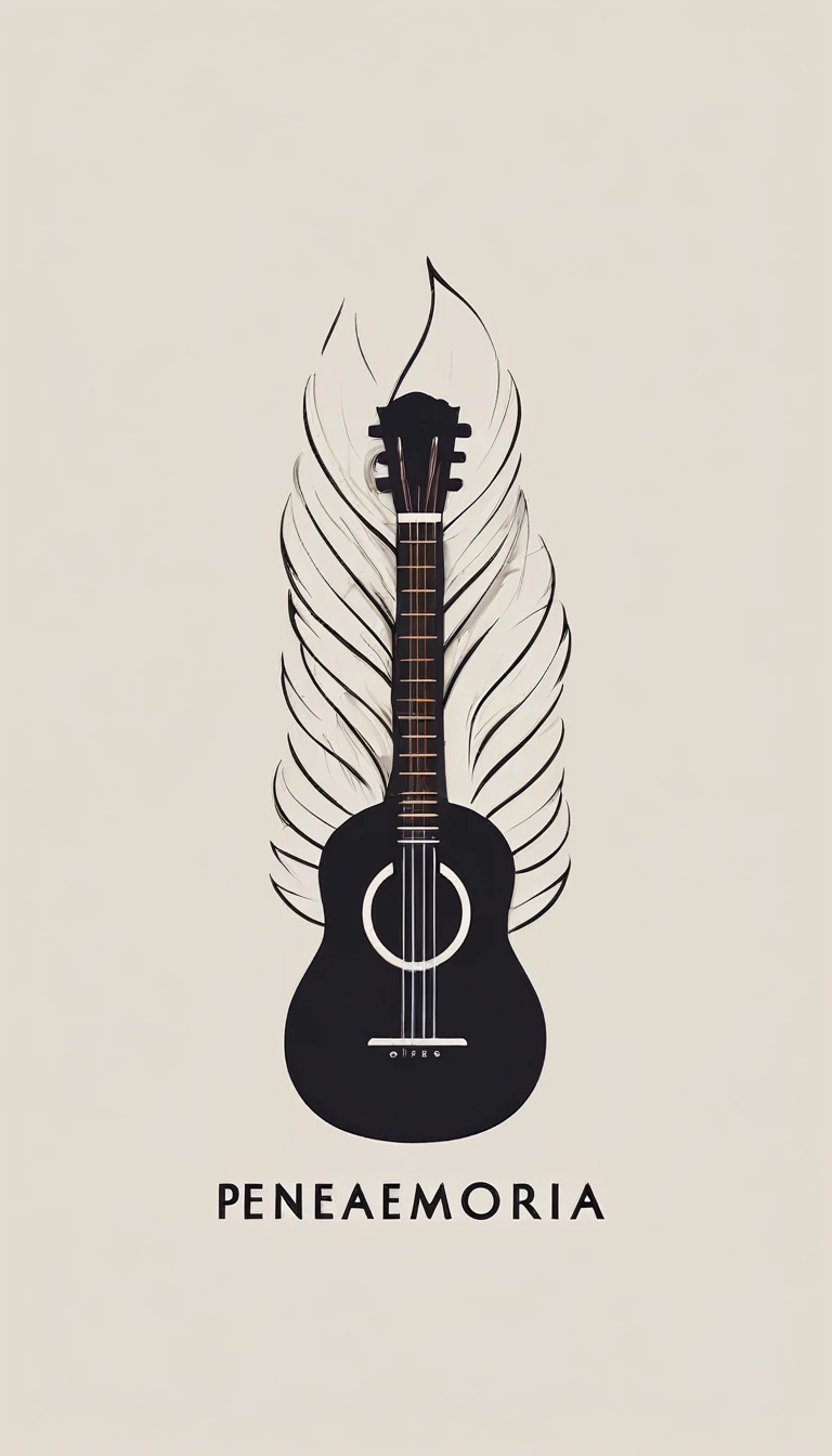 A minimal, modern, simple, cinematic logotype for the brand “Penamemoria". The logotype must be a simple, magical feather and a boy playing acoustic guitar. The logo must convey a sense of music, stories and dreams. Logo design impressed on a book cover. Minimalistic logo