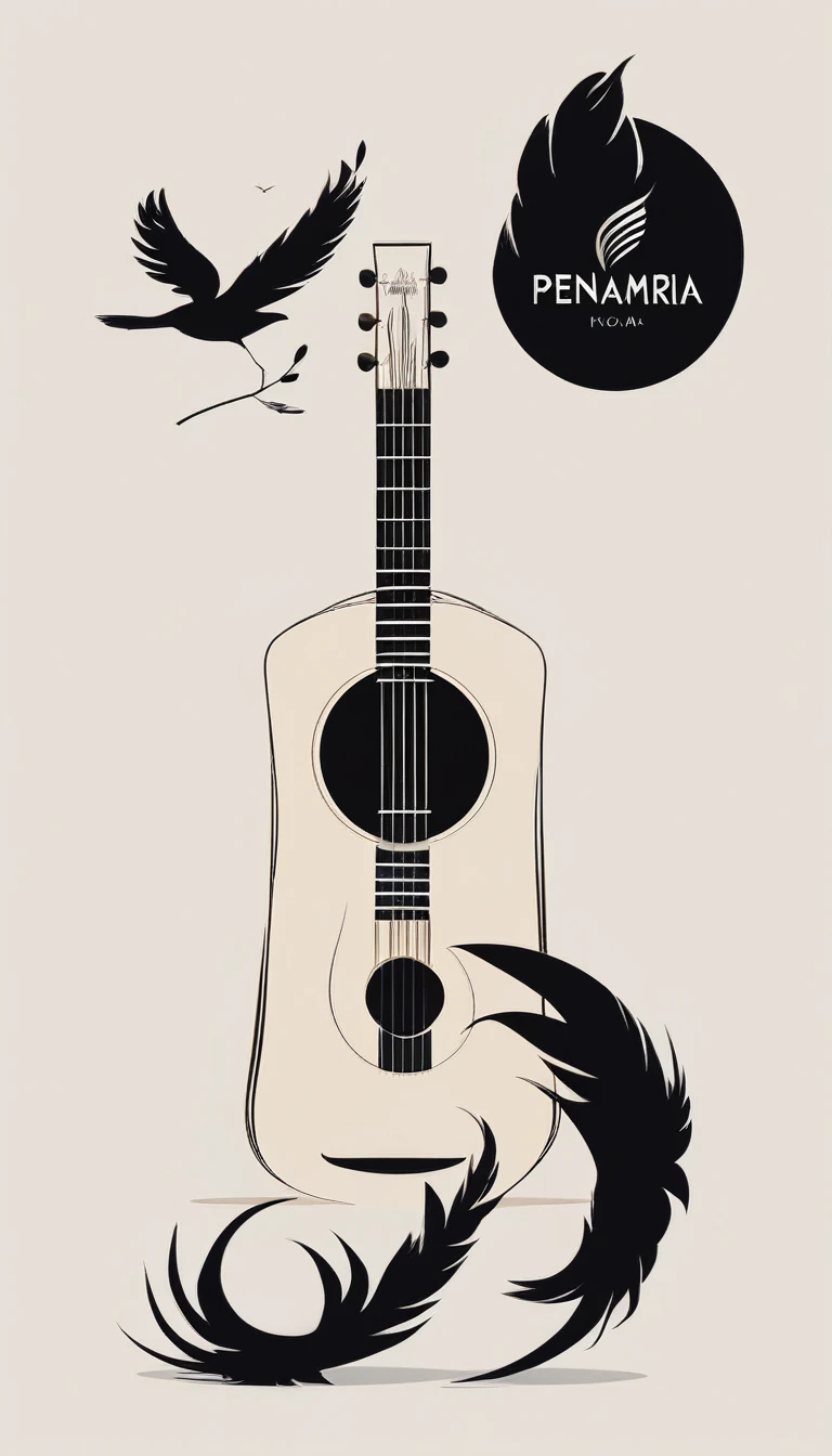 A minimal, modern, simple, cinematic logotype for the brand “Penamemoria". The logotype must be a simple, magical feather and a boy playing acoustic guitar. The logo must convey a sense of music, stories and dreams. Logo design impressed on a book cover. Minimalistic logo