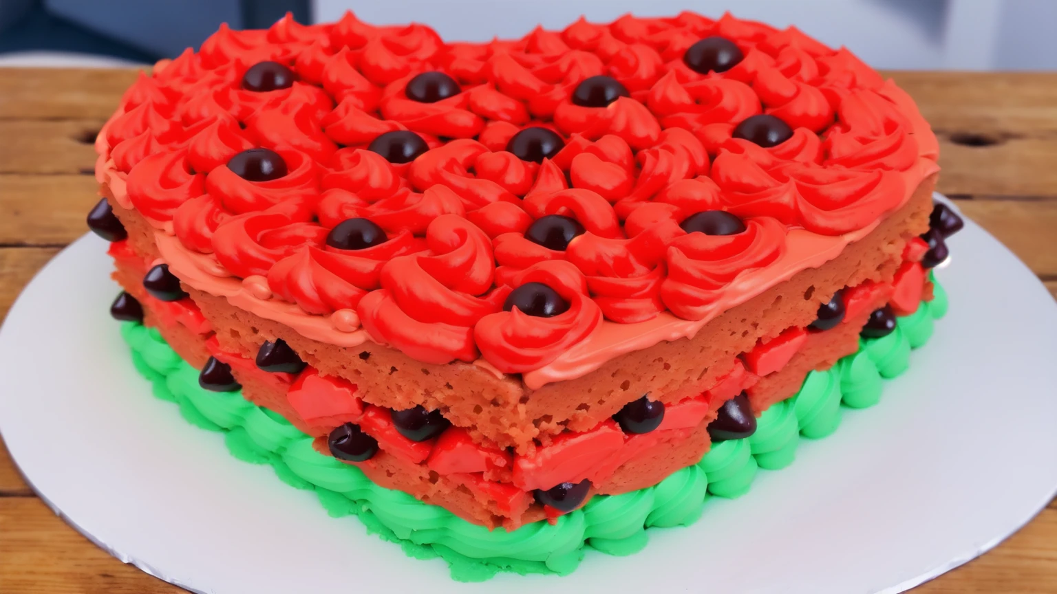 on a wooden table, red and green cream heart cake, star shaped cream, with black plastic beads, Multiple light sources, bright lighting, Realistic style , realistic texture, detailed texture, A high resolution, high quality,