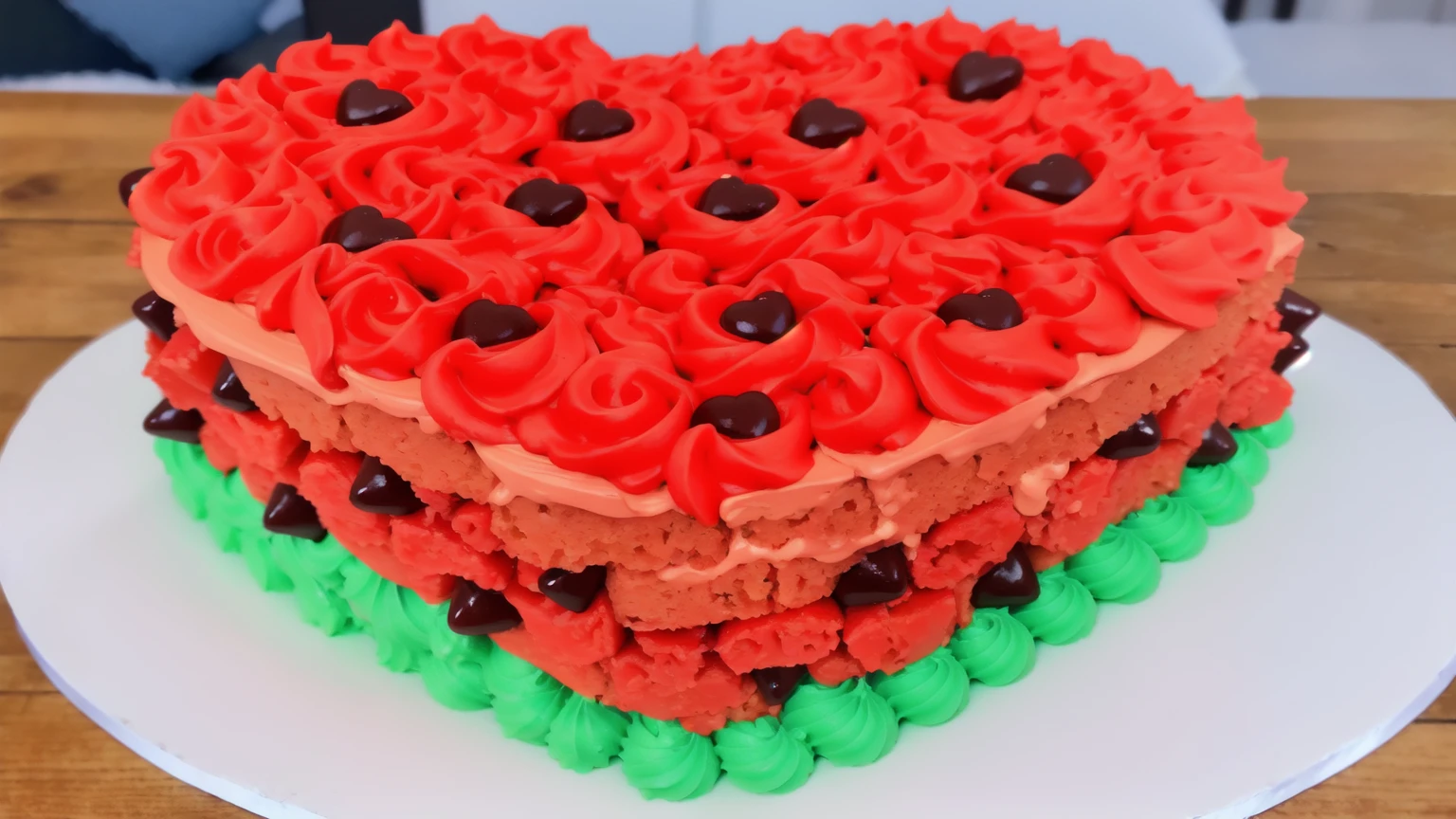on a wooden table, red and green cream heart cake, star shaped cream, with black plastic beads, Multiple light sources, bright lighting, Realistic style , realistic texture, detailed texture, A high resolution, high quality,