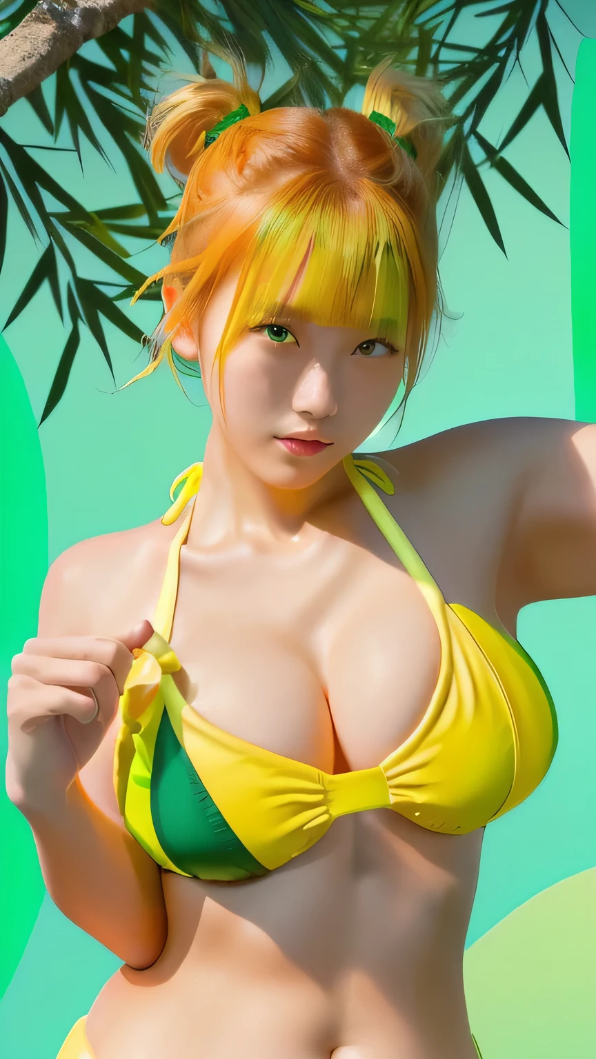 Yellow and green swimsuit, Japanese women, A white cloth wrapped around his wrist, (Low saturation orange hair:1.4), (double bun hair:1.5), Two buns hair, Gravure pose, Provocative pose, (There is a giant panda in the background:1.5), , (The bangs are swept to the left and right and flipped outwards.:1.7), (Yellow and green bikini:2), Unreal Engine, Photorealistic, Tai Chi、４K, ８K, masterpeace, Detailed Description, Skin texture like a professional photographer&#39;s photo, High quality lighting,