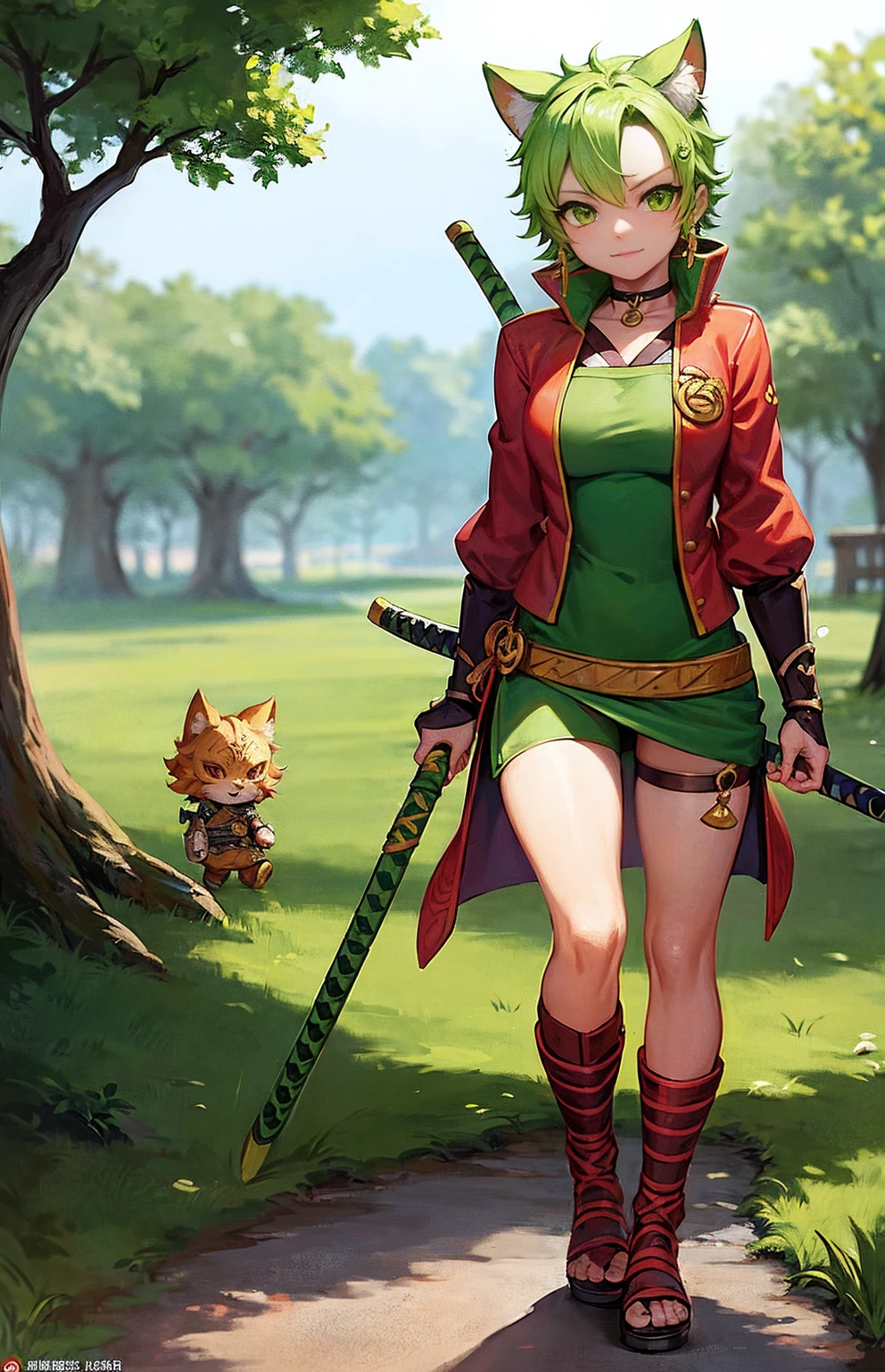 a cat warrior character, furry, (full body:1.2) , chibi, advanced digital chibi art, g liulian art style, maplestory mouse, bian lian, chibi art, league of legends art style, character art of maple story, ((view at the viewer)), (((zoro costume)))