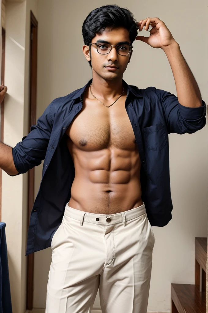 Prompt: 21 year old indian boy With fair skin Wearing spectacles and narrow body Posing for a linkedin picture in formats