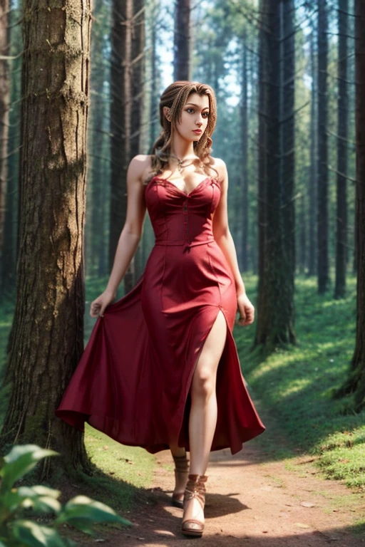 Aerith Final is beautiful in a red dress in the forest, 3D art detailed, high quality against the backdrop of a medieval forest fantasy middle ages 