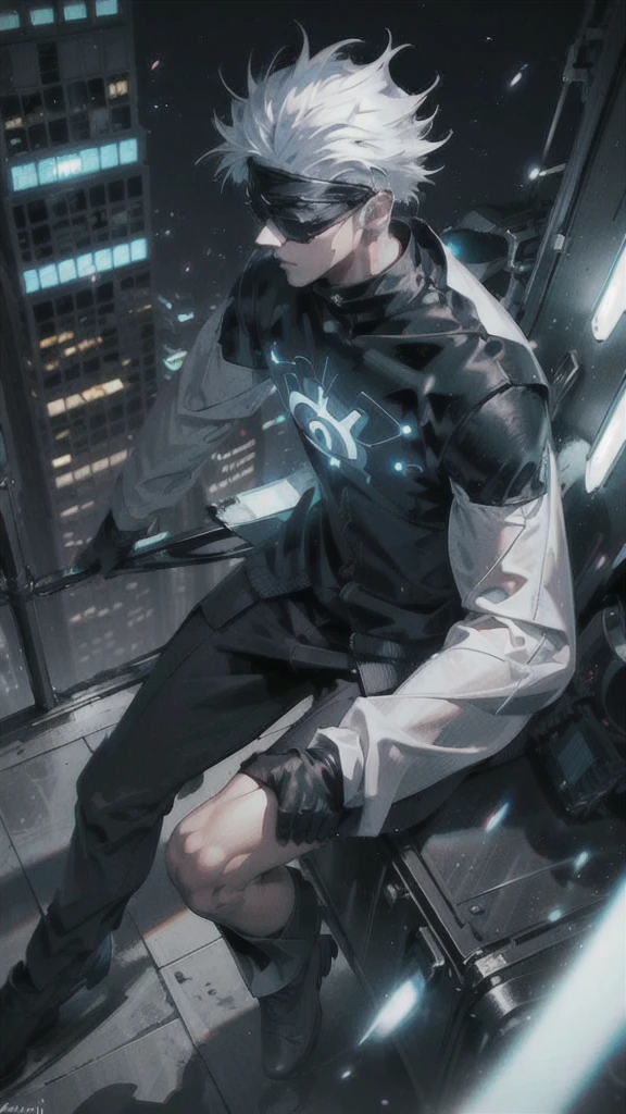 1 boy,rim light,looking_at_screen,masterpiece,best quality,solo,Gojo Satoru,highest detailed, solo, in a modern cityscape at night, neon lights, futuristic style, leaning against a wall, looking at the screen, rim light on white hair, glowing blue eyes, wearing his black blindfold and sunglasses, dressed in his signature outfit with loose sleeves, masterpiece quality, s