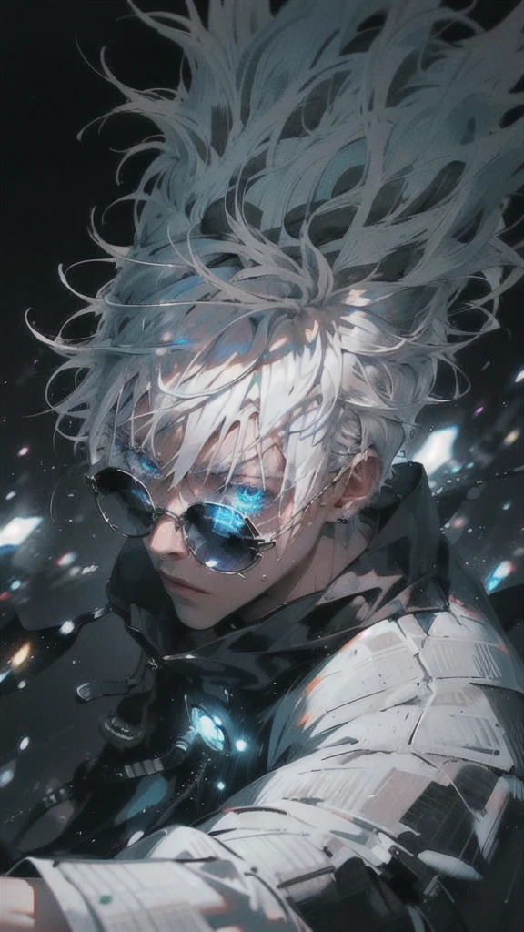 1 boy,rim light,looking_at_screen,masterpiece,best quality,solo,Gojo Satoru,highest detailed, solo, in a modern cityscape at night, neon lights, futuristic style, leaning against a wall, looking at the screen, rim light on white hair, glowing blue eyes, wearing his black blindfold and sunglasses, dressed in his signature outfit with loose sleeves, masterpiece quality, s