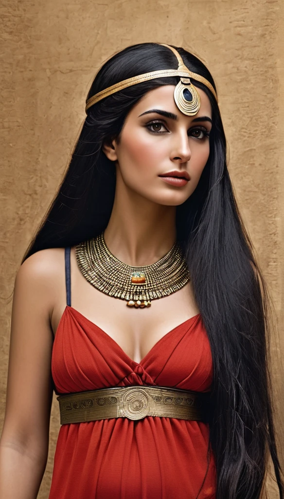 Merfertiti, reine d'Égypte, Femme mature très enceinte, avec une peau de serpent, un corps très sexy , corps maternelle, a l'Égypte antique, a une grosse poitrine, dans un temple égyptien, porte une robe rouge et maron couleur sable, moule le corps, vêtements transparent, femme avec de long cheveux noirs orné de nombreux bijoux, très enceintes, sa poitrine est gonflé par du lait, a des crochets de serpent visible, elle sourit,  avec des yeux doré a pupilles reptilienne, une femme serpent