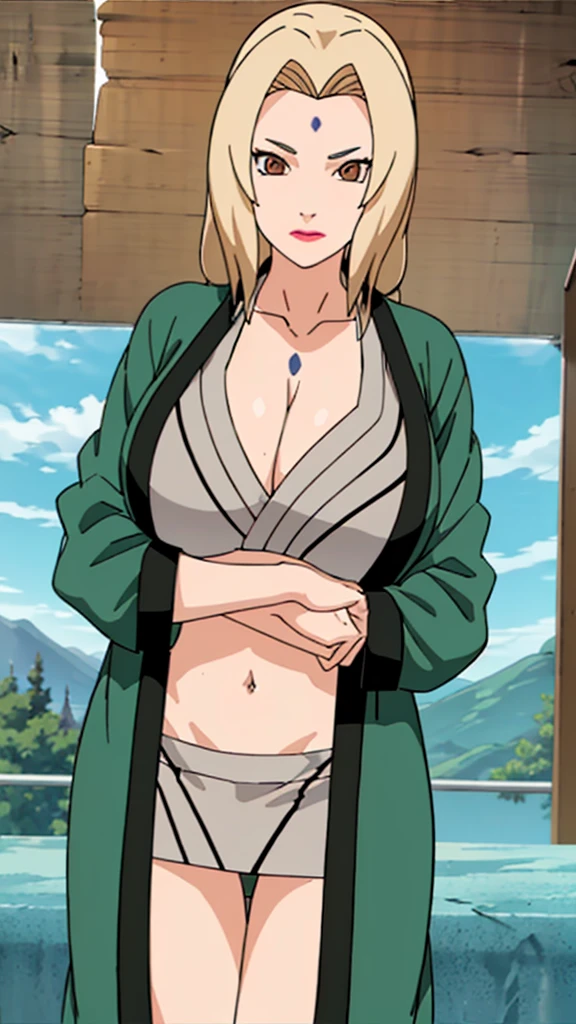 (huge tits), cleavage, good anatomy, masterpiece, best quality, 4k, 8k, professional photography, soft light, sharp focus, 1 girl,  blonde hair, short blous,visible midriff ,(mountain), clouds, blonde hair, parted banks, detailed face+brown eyes, smile, closed lips, lipstick, windows,(full bodyshot), (deep navelshow :1.5),toned abs,(oval shaped deep and long navel), alluring poses,(front view photo shoot),wears green robe,(panty),Very deep navel