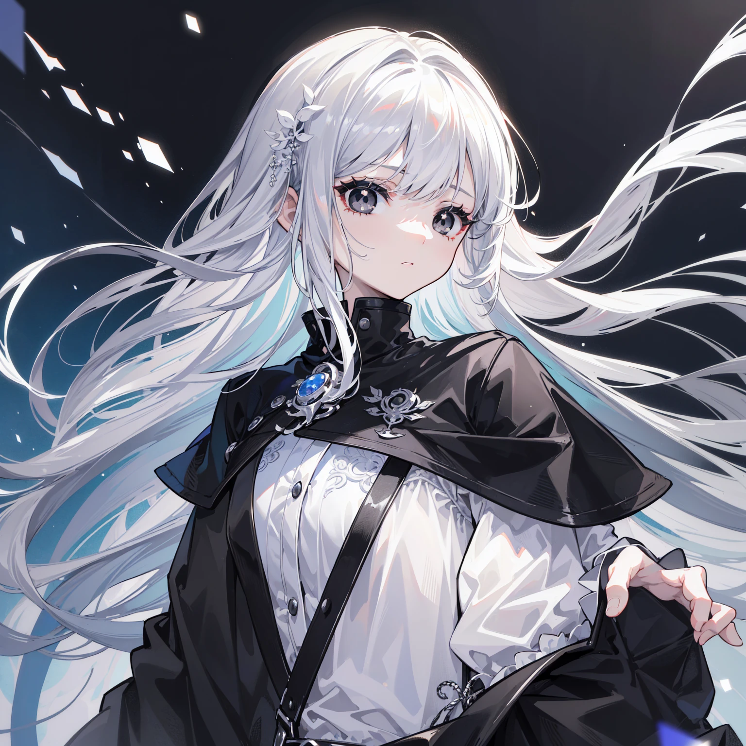 (Top image quality)、(Ultra Detailed)、(Facing forward)、top quality、masterpiece、((((1 girl))))、Silver Hair、white hair、((Long hair))、(black eyes:1.6)