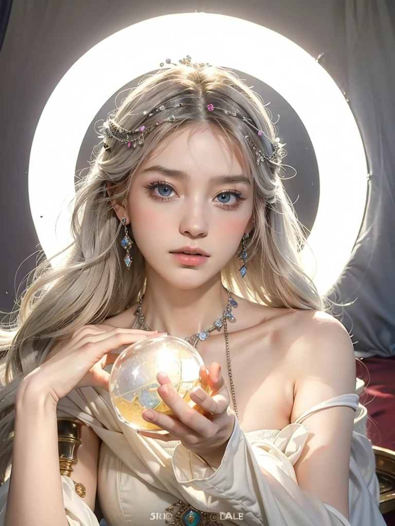 (masterpiece, top quality, best quality, official art, beautiful and aesthetic:1.2), (1girl:1.3), wavy long hair, light purple hair, extremely detailed, portrait, looking at viewer, solo, (full body:0.6), detailed background, close up, blue eyes, (cold arctic winter theme:1.1), fortune teller, charlatan, smirk, mysterious, sitting at table, colorful shoulderless loose gypsy fortune teller clothes,      chalice,   tarot cards, crystal ball,  medieval (tent interior:1.1) background, tent curtains in background, dark mysterious lighting, shadows, magical atmosphere, starry night,, dutch angle