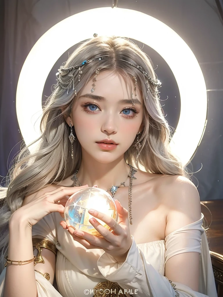(masterpiece, top quality, best quality, official art, beautiful and aesthetic:1.2), (1girl:1.3), wavy long hair, light purple hair, extremely detailed, portrait, looking at viewer, solo, (full body:0.6), detailed background, close up, blue eyes, (cold arctic winter theme:1.1), fortune teller, charlatan, smirk, mysterious, sitting at table, colorful shoulderless loose gypsy fortune teller clothes,      chalice,   tarot cards, crystal ball,  medieval (tent interior:1.1) background, tent curtains in background, dark mysterious lighting, shadows, magical atmosphere, starry night,, dutch angle