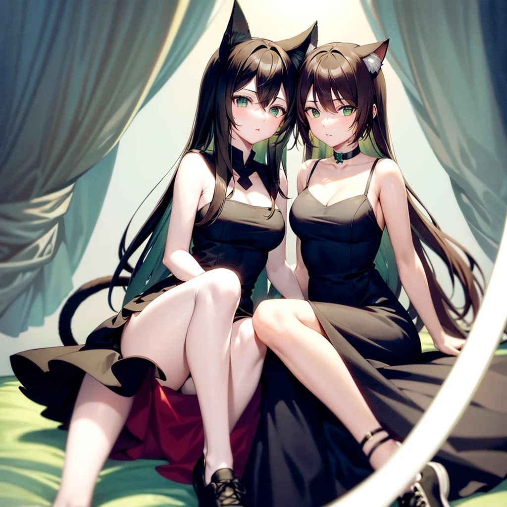 Best quality, (connected_dicephaly:1.1), (2 heads:1.4), 1 girl, one girl, black dress, White running shoes, Brown hair, green eyes, cat ears, two heads,
