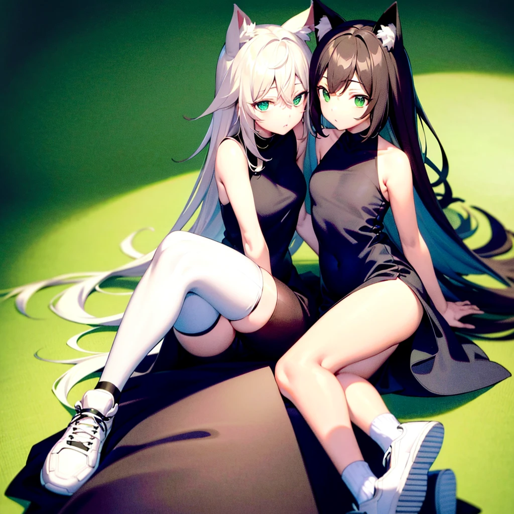 Best quality, (connected_dicephaly:1.1), (2 heads:1.4), 1 girl, one girl, black dress, White running shoes, Brown hair, green eyes, cat ears, two heads,